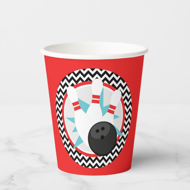 Red Retro Chevron Bowling Paper Cups (Front)