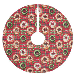 Red Retro Christmas Doughnuts Red Tartan Plaid Brushed Polyester Tree Skirt