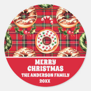 Red Retro Christmas Doughnuts Red Tartan Plaid Classic Round Sticker
