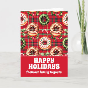 Red Retro Christmas Doughnuts Red Tartan Plaid  Holiday Card