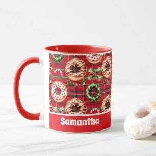 Red Retro Christmas Doughnuts Red Tartan Plaid Mug