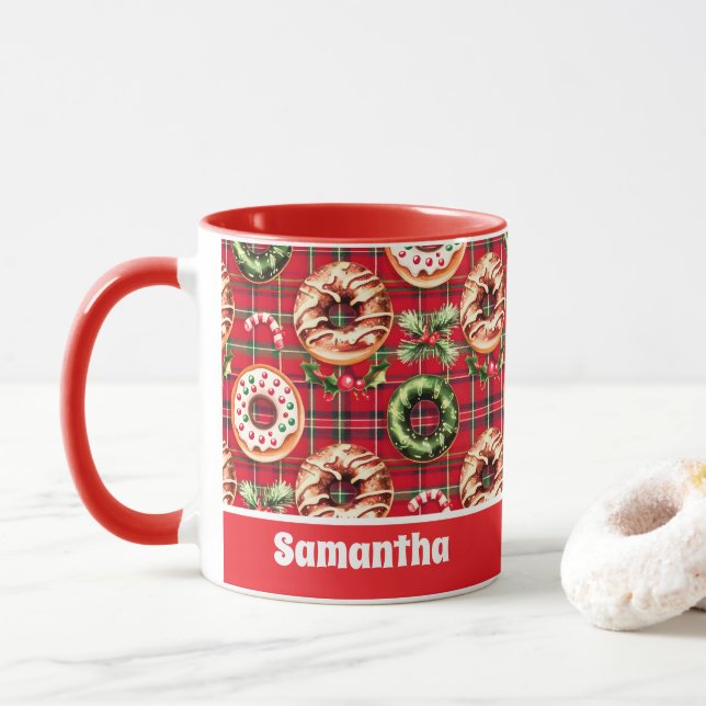 Red Retro Christmas Doughnuts Red Tartan Plaid  Mug (With Donut)