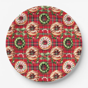 Red Retro Christmas Doughnuts Red Tartan Plaid Paper Plate