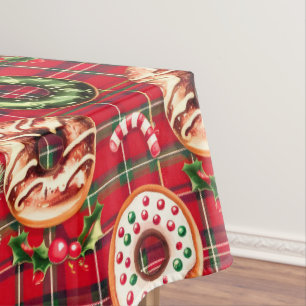 Red Retro Christmas Doughnuts Red Tartan Plaid Tablecloth