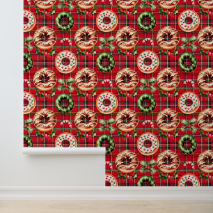 Red Retro Christmas Doughnuts Red Tartan Plaid Wallpaper