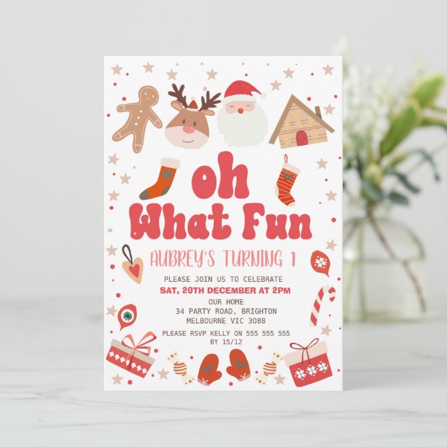 Red Retro Christmas Oh What Fun 1st Birthday  Invitation (Standing Front)