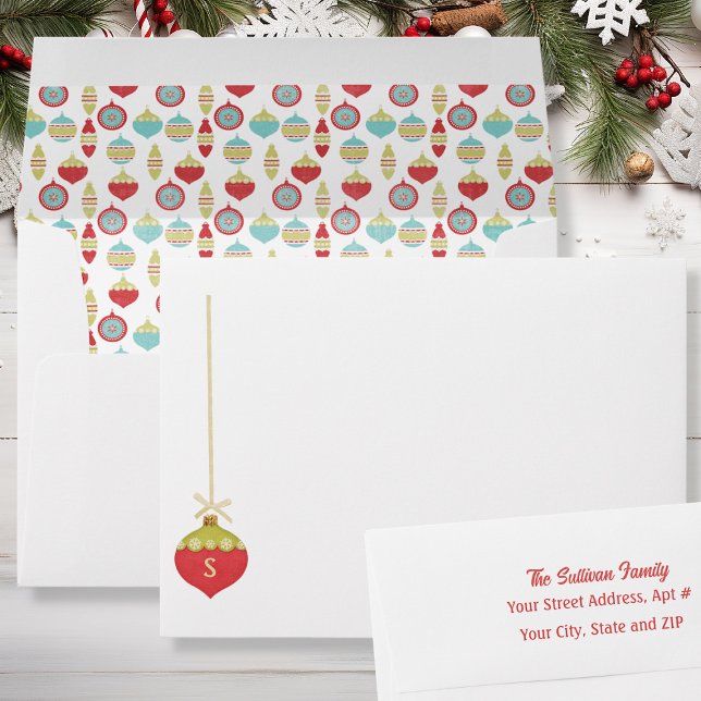 Red Retro Christmas Ornament Monogram Envelope (Creator Uploaded)
