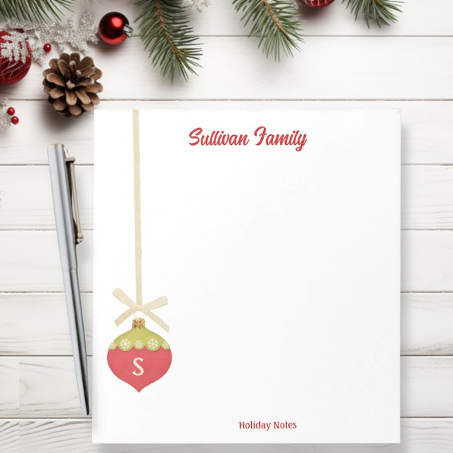 Red Retro Christmas Ornament Monogram Notepad (Creator Uploaded)
