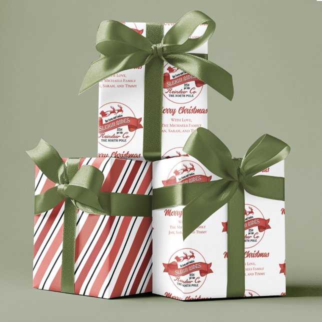 Red Retro Christmas Santa Personalised Wrapping Paper Sheet (Christmas custom gift wrap. with whimsical reindeer sleigh rides. )