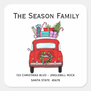 Red Retro Fiat 500 with Christmas Gifts Square Sticker