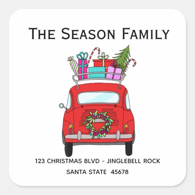 Red Retro Fiat 500 with Christmas Gifts Square Sticker (Front)