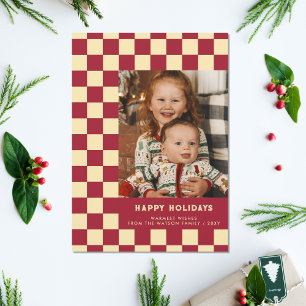 Red Retro Groovy Chequered Happy Holidays Photo Holiday Card