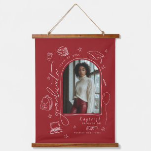 Red Retro Hand Drawn Photo Graduation  Hanging Tapestry