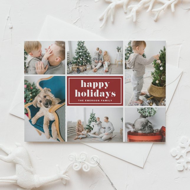 Red Retro Happy Holidays Photo Collage  Holiday Card (Creator Uploaded)