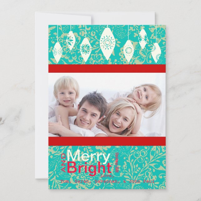 Red Retro Merry and Bright Family Photo Card (Front)