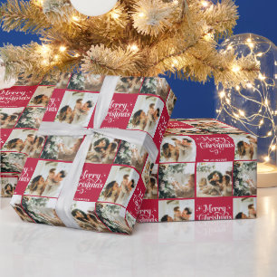 Red Retro Merry Christmas Family 3 Photo Collage Wrapping Paper
