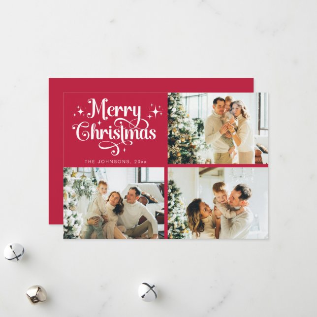 Red Retro Merry Christmas Family Photo Collage Holiday Card (Front/Back In Situ)