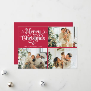 Red Retro Merry Christmas Family Photo Collage Holiday Card