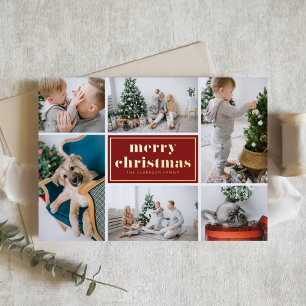 Red Retro Merry Christmas Photo Collage  Foil Holiday Card