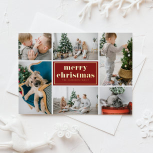 Red Retro Merry Christmas Photo Collage  Foil Holiday Postcard