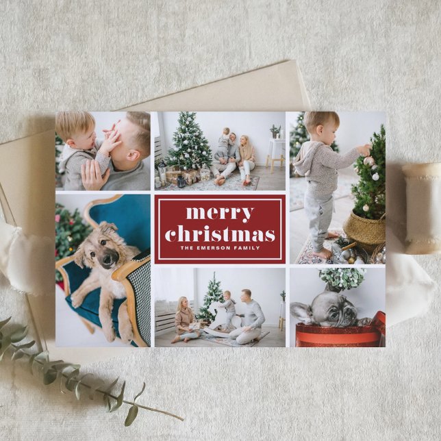 Red Retro Merry Christmas Photo Collage  Holiday Card (Creator Uploaded)