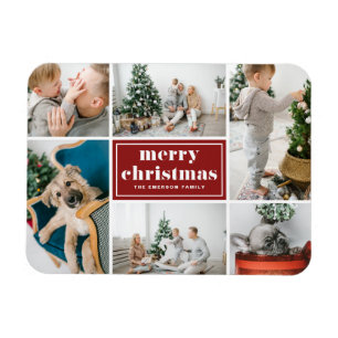 Red Retro Merry Christmas Photo Collage  Magnet