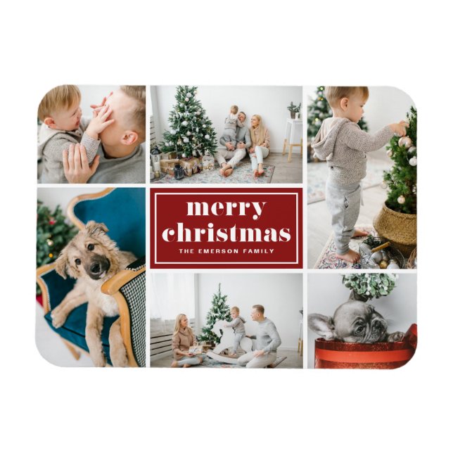 Red Retro Merry Christmas Photo Collage  Magnet (Horizontal)
