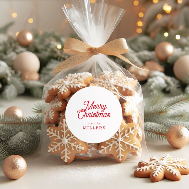 RED RETRO MERRY CHRISTMAS TYPOGRAPHY ON WHITE CLASSIC ROUND STICKER (Creator Uploaded)