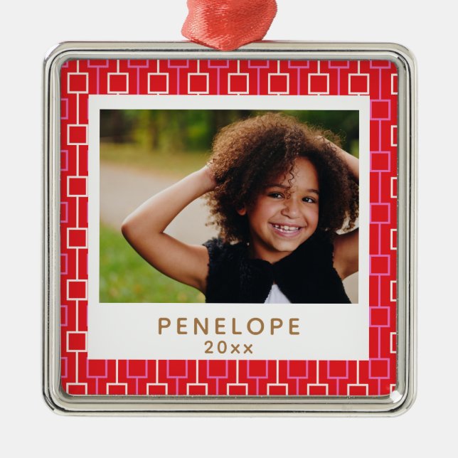 Red Retro Mid Mod Christmas Personalised Photo Metal Tree Decoration (Front)