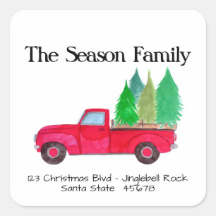 Red retro Pickup Truck with trees Square Sticker
