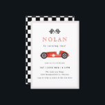 Red Retro Race Car Theme Birthday Invitation<br><div class="desc">Retro Race Car theme,  birthday party invitation. Red Race Car illustration and chequered pattern backing.</div>