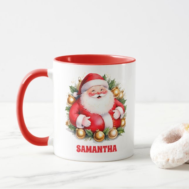 Red Retro Santa Claus Christmas Kids Hot Chocolate Mug (With Donut)