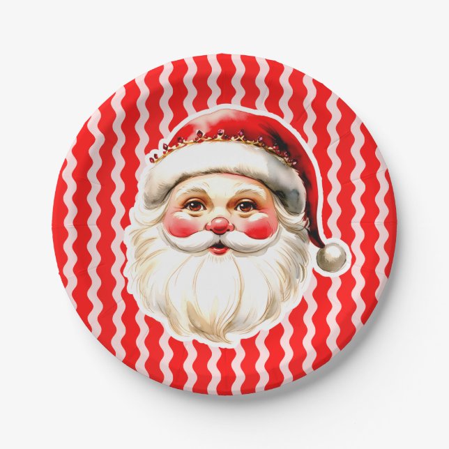 Red Retro Santa Claus Red Ric Rac Christmas Paper Plate (Front)