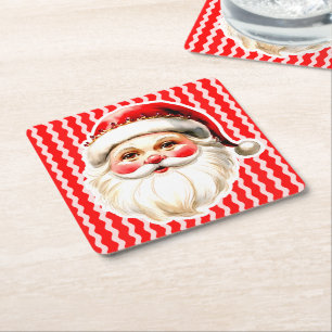 Red Retro Santa Claus Red Ric Rac Christmas Square Paper Coaster