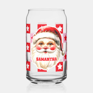 Red Retro Santa Claus Red Tartan Plaid Christmas Can Glass