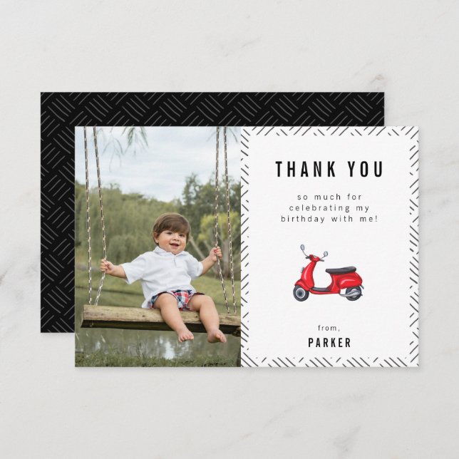 Red Retro Scooter Theme Birthday Photo Thank You Card (Front/Back)