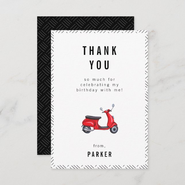 Red Retro Scooter Theme Birthday Thank You Card (Front/Back)