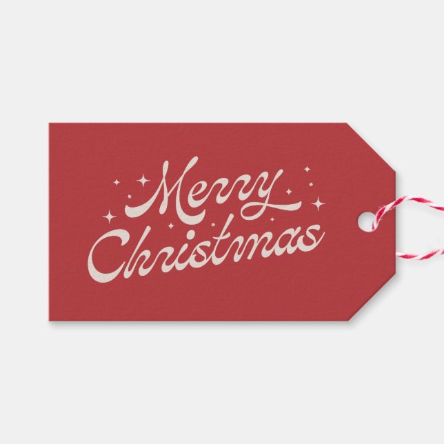 Red Retro Script Merry Christmas Holiday Gift Tag (Front (Horizontal))