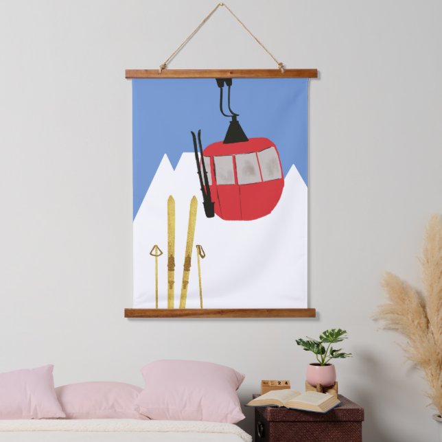 Red Retro Ski Lift Mountain Hanging Tapestry (Bedroom)