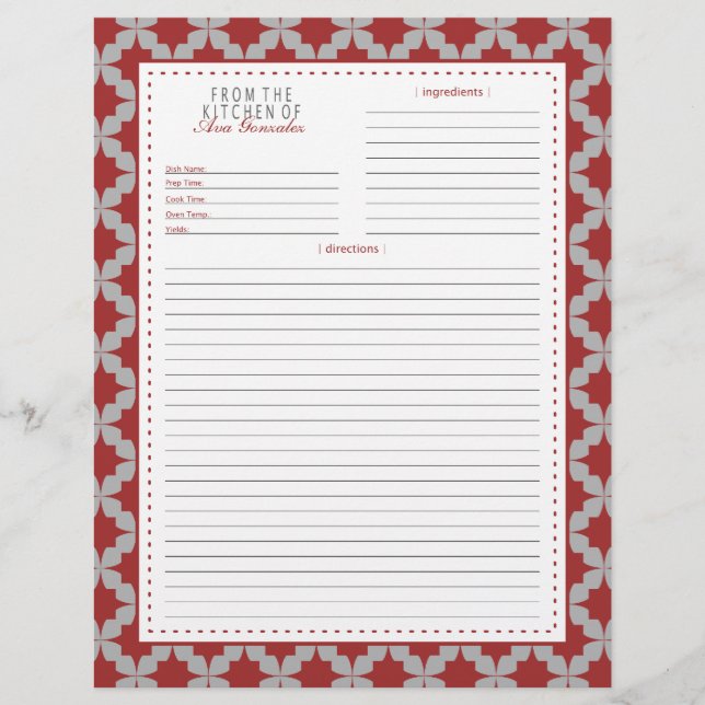 Red Retro Star Recipe Page (Front)