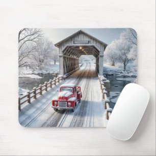 Red Retro Truck and Covered Bridge Mouse Mat
