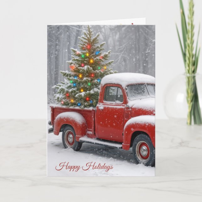 Red Retro Truck With Christmas Tree Card (Front)