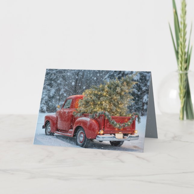 Red Retro Truck With Christmas Tree In Snowflakes Card (Front)