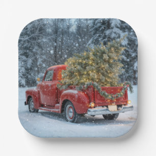 Red Retro Truck With Christmas Tree In Snowflakes Paper Plate