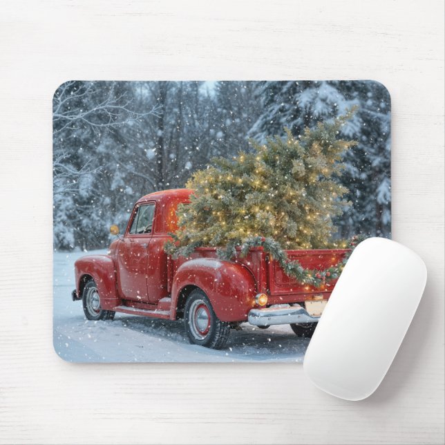 Red Retro Truck With Christmas Tree Mouse Mat (With Mouse)