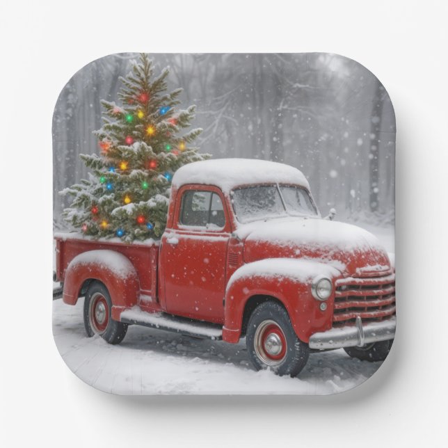 Red Retro Truck With Christmas Tree Paper Plate (Front)