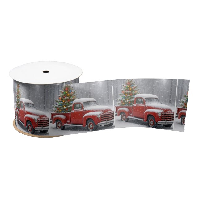 Red Retro Truck With Christmas Tree Satin Ribbon (Spool)