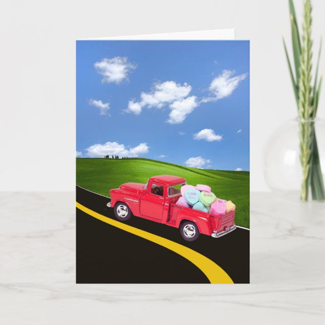 Red Retro Truck With Valentine Heart Candies Holiday Card (Front)