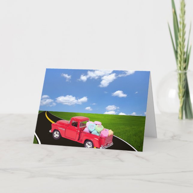Red Retro Truck With Valentine Hearts Holiday Card (Front)