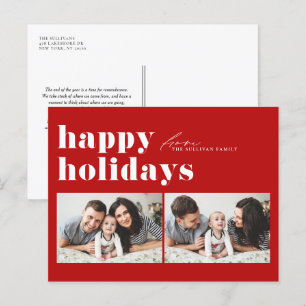 Red Retro Typography Happy Holidays Two Photo Holiday Postcard